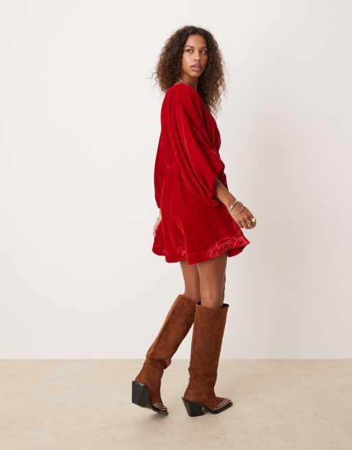 Free People - Rød minikjole i velour med ballonærmer, 2 af 4