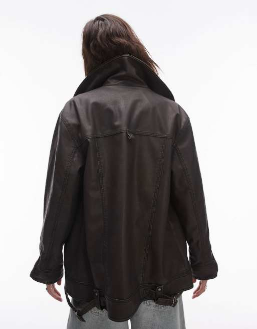 Free People relaxed faux leather biker jacket in black, 3 of 4