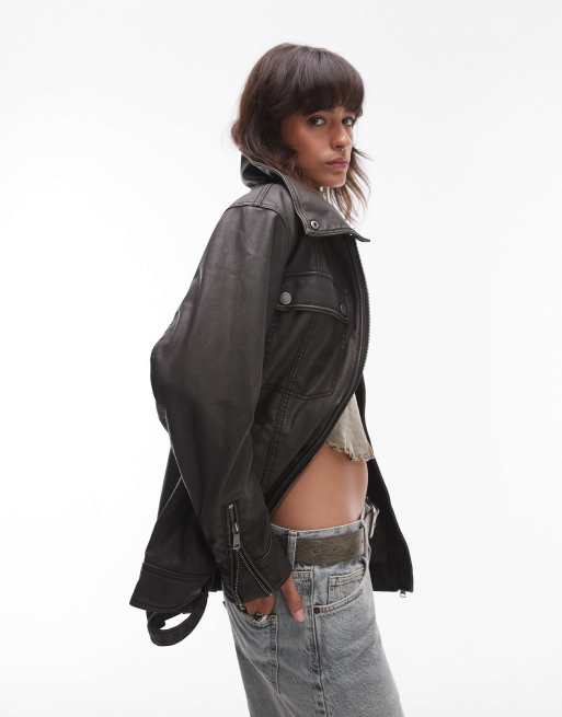 Free People relaxed faux leather biker jacket in black, 4 of 4