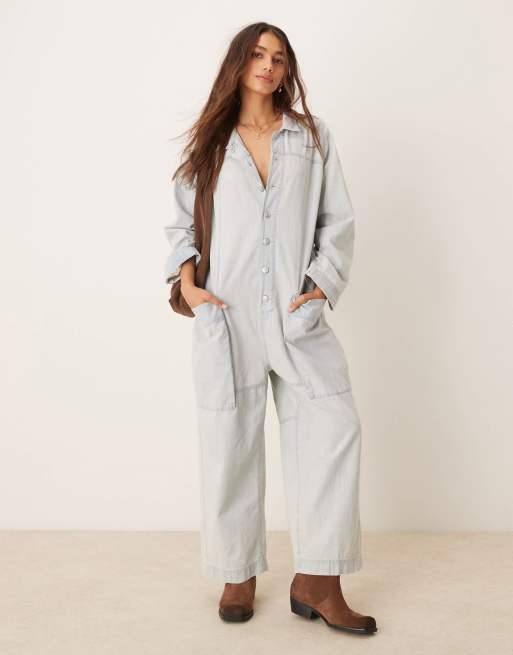 Free People relaxed fit denim boilersuit in light blue wash