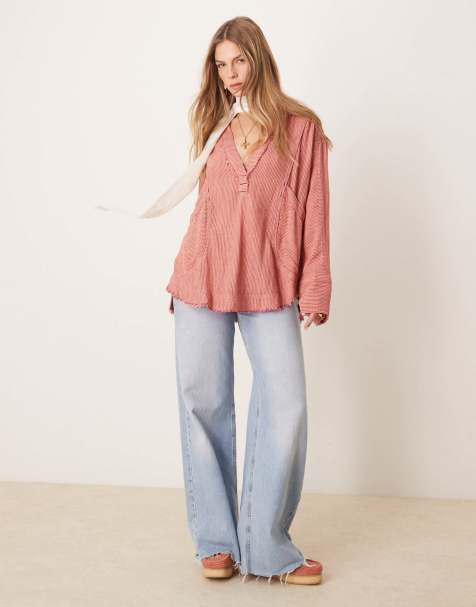 Free People relaxed oversized striped shirt in wine - view 1