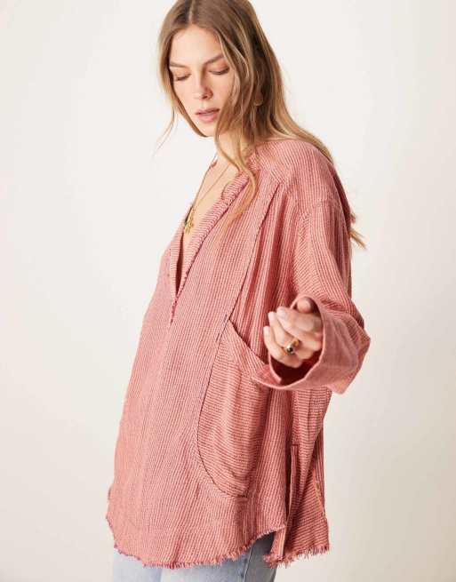 Free People relaxed oversized striped shirt in wine, 3 of 4