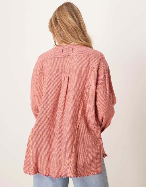 Free People relaxed oversized striped shirt in wine, 4 of 4