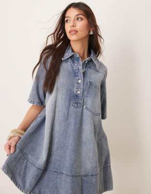 Free People Womens Ocean Blue Remino Flared Denim Mini Dress