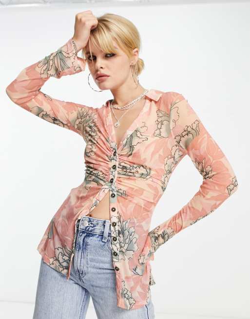 Free People retro bloom mesh shirt in peach