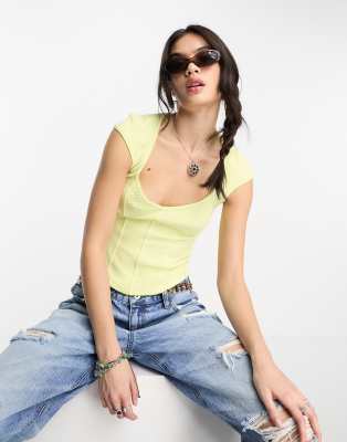 Free People Ribbed Detail T-Shirt In Lime-Green