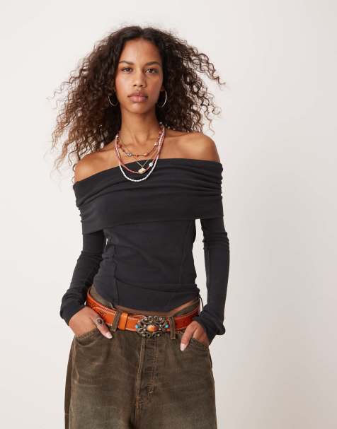 Free People ribbed foldover bandeau top in black - view 1
