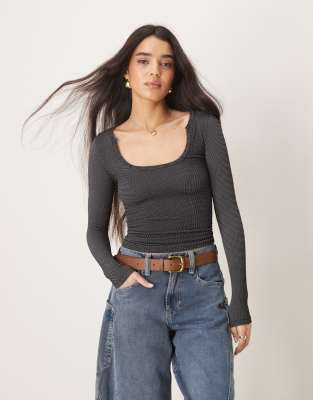 Free People Ribbed Scoop Neck Long Sleeve Top In Black