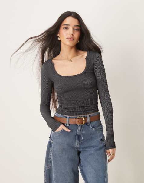 Free People ribbed scoop neck long sleeve top in washed black - view 1
