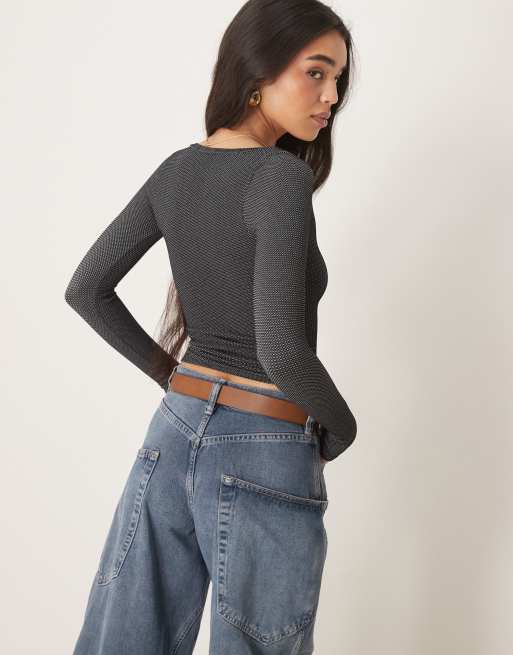 Free People ribbed scoop neck long sleeve top in washed black, 3 of 4