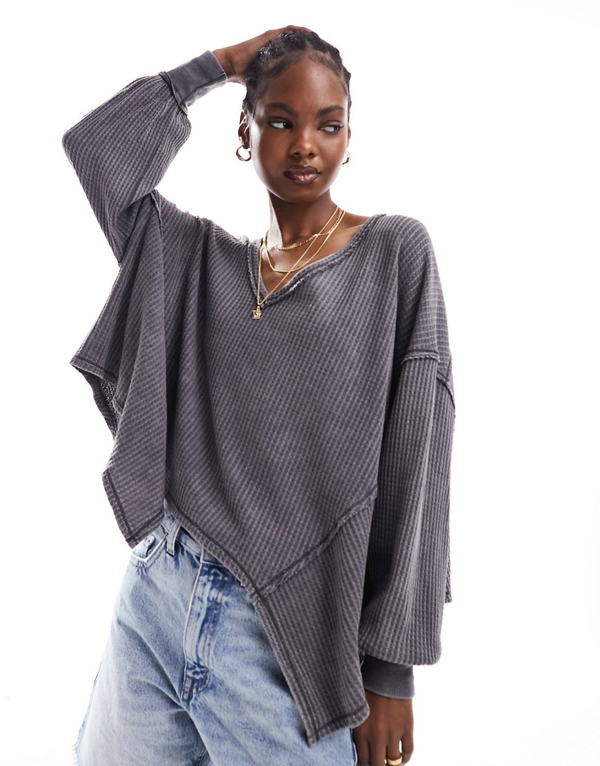 Free People Ribbed V-neck Slouchy Oversized Sweatshirt In Charcoal-gray