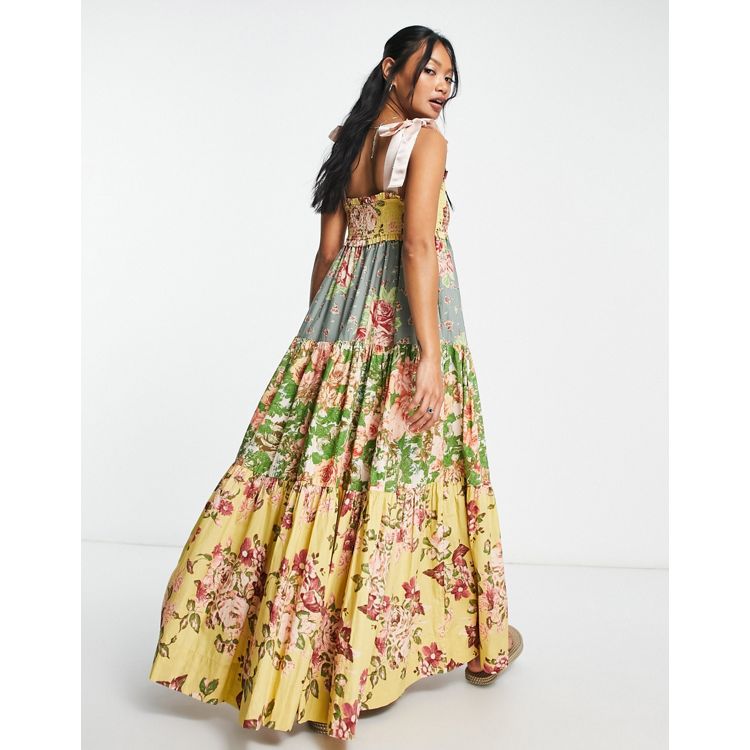 ロングワンピース/マキシワンピースBack Ribbon Floral Tiered Long Dress