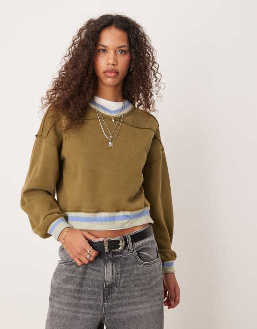 Free People rio contrast trim cropped sweat in khaki, 3 of 4