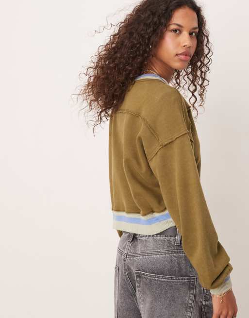 Free People rio contrast trim cropped sweat in khaki, 4 of 4
