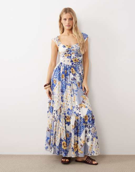 Free People - Robe longue taille basse style corset à fleurs - Bleu et blanc