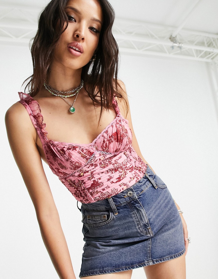 free people - rosa, blommig body med rynkning-pink