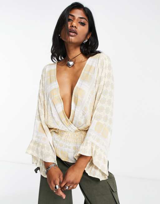 Free People Rosalie wrap front blouse in ivory combo
