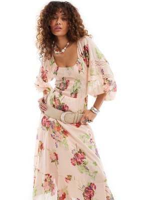 Free People rose floral print shirred boho midaxi dress in pink