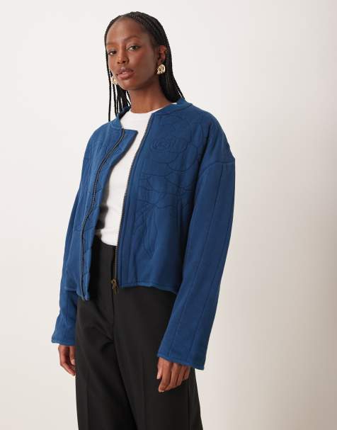 Free People rose quilted zip through jacket in indigo blue