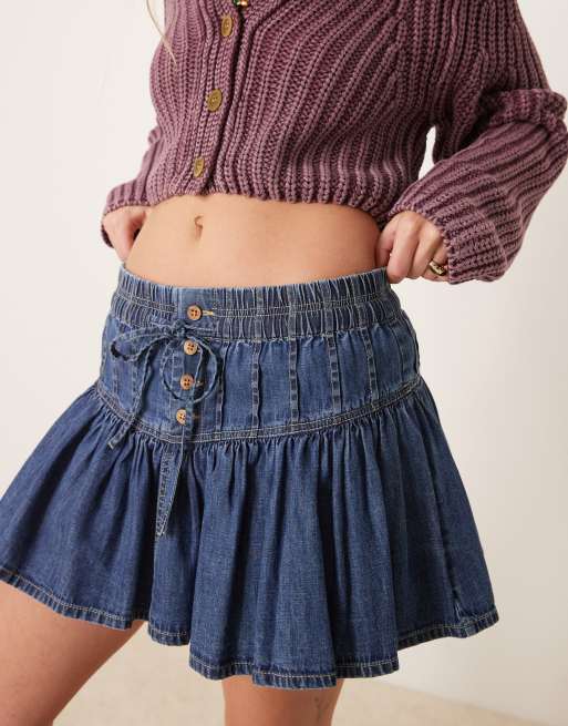 Free People - Roselle - Minirok van denim met ruches in indigoblauw, 2 van 5