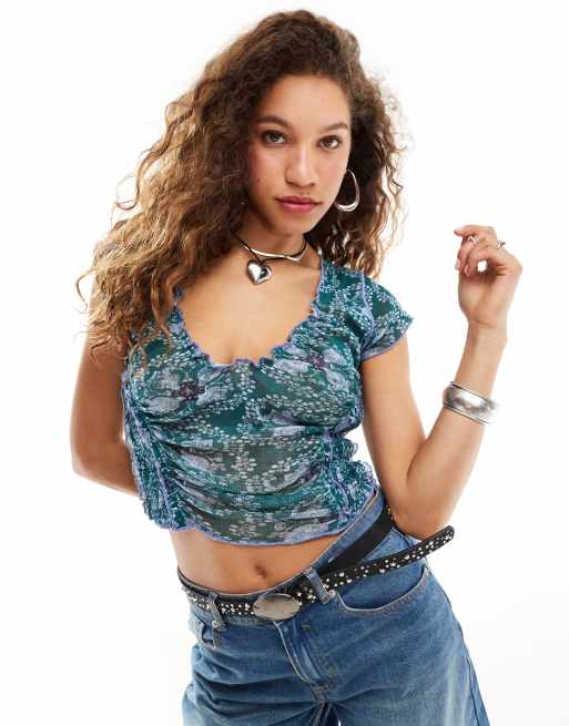 Free People ruched floral mesh scoop top in blue