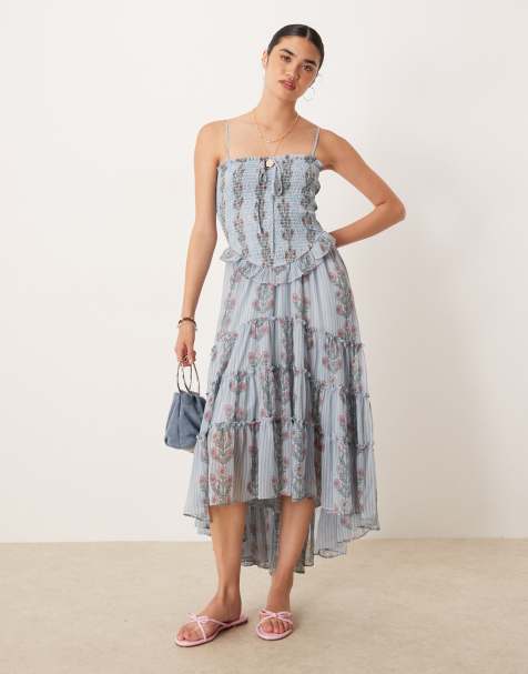 Free People ruched ruffle midi dress in soft blue combo - view 1