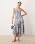 [Free People] Free People ruched ruffle midi dress in soft blue combo-Multi XL SOFT BLUE COMBO