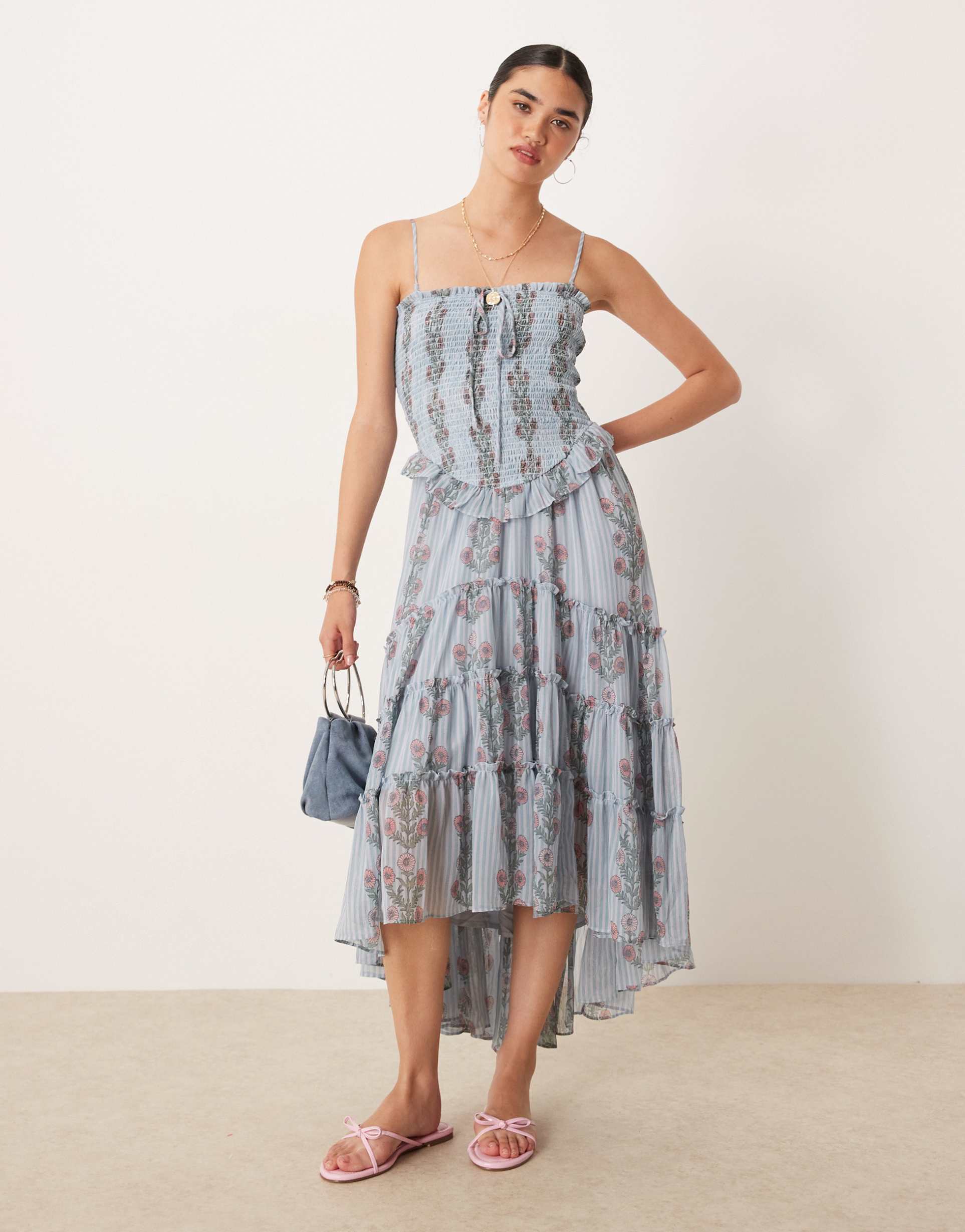 free people ruched ruffle midi dress in soft blue combo