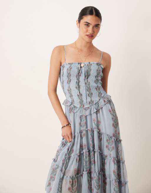 Free People ruched ruffle midi dress in soft blue combo