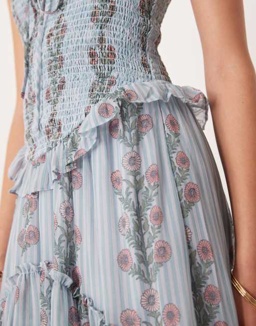 Free People ruched ruffle midi dress in soft blue combo