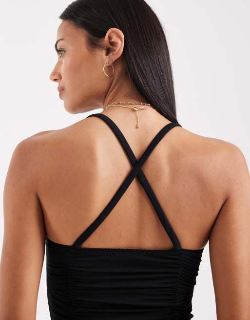 Free People ruched shimmer cami top in black, 3 of 4