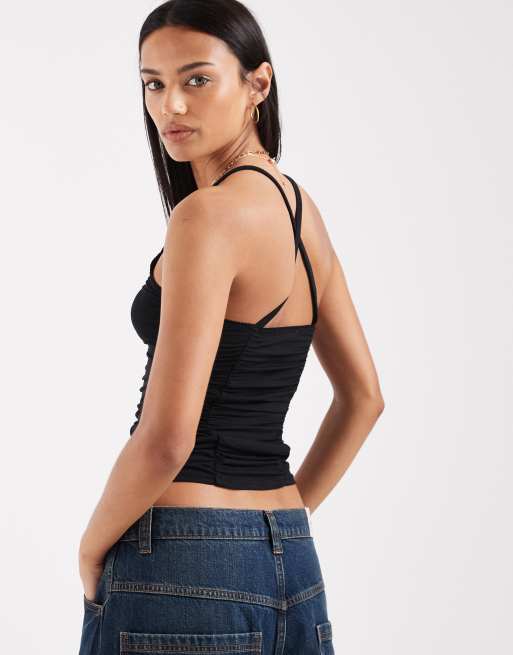 Free People ruched shimmer cami top in black, 4 of 4