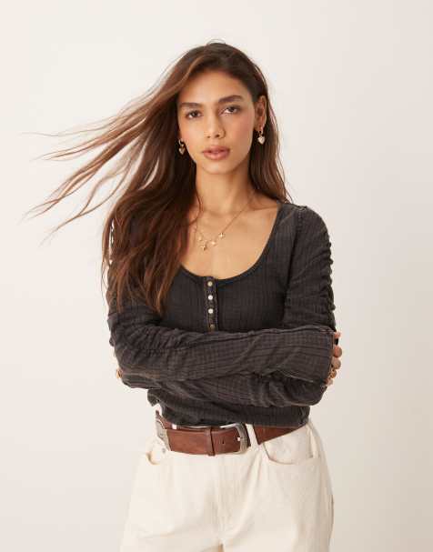 Free People ruched sleeve pointelle henley top in washed black - view 1