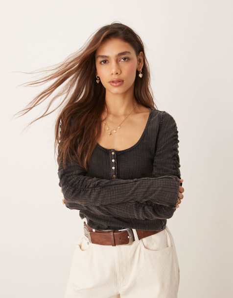 Free People ruched sleeve pointelle henley top in washed black - view 1