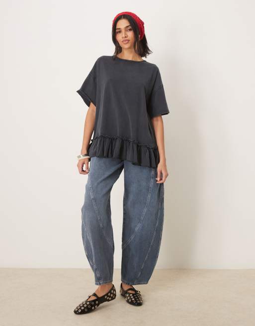Free People ruffle edge oversized t-shirt tunic in washed black