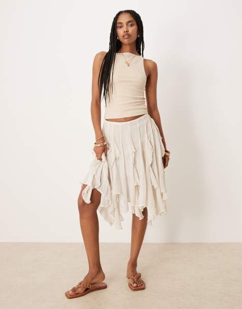 Free People ruffle knee length midi skirt in white alyssum