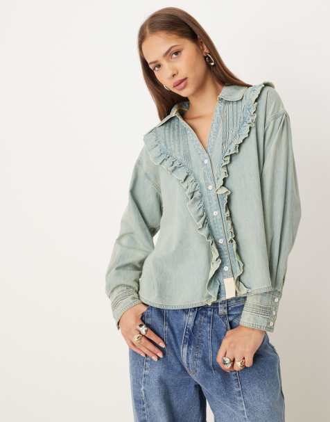 Free People ruffle long sleeve blouse in vintage tea wash