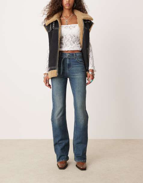 Free People – Sabine – Jeans in verwaschenem Mittelblau mit lockerem, geradem Schnitt und Gürtel - view 1