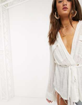 Free People safari belted wrap top in ivory-White