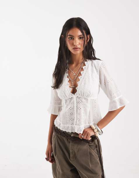 Free People - Salone - Blouse bohème en broderie anglaise à œillets - Ivoire - view 1