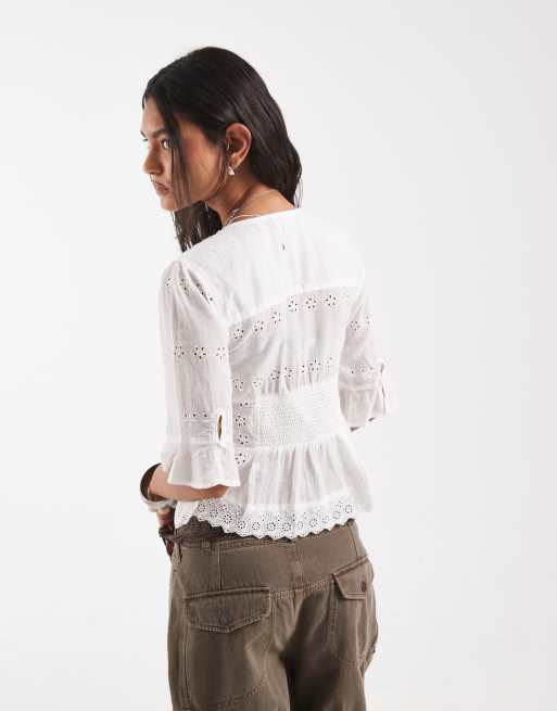Free People - Salone - Hvid boho-bluse med snørehuller og broderie anglaise, 4 af 4