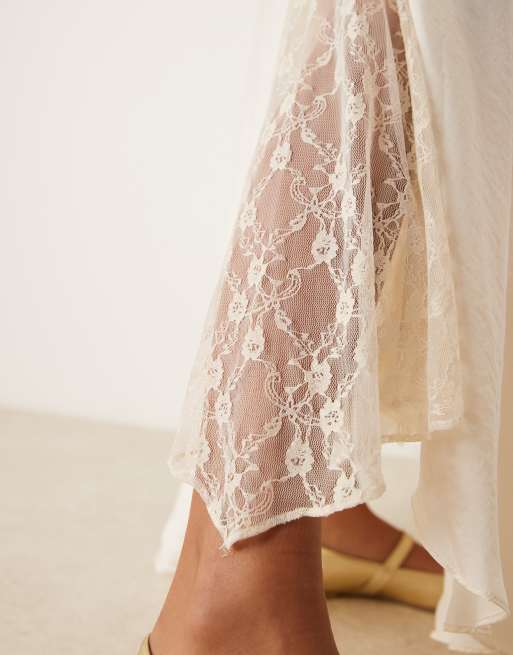 Free People – Satin-Maxirock in Creme mit Spitzeneinsatz, 3 von 5