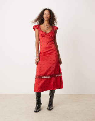 Free People - Satin-Midikleid in Rot mit Schleifenmuster