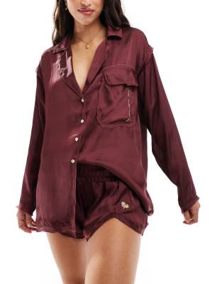 Free People satin oversized pyjama shirt co-ord in burgundy-Red