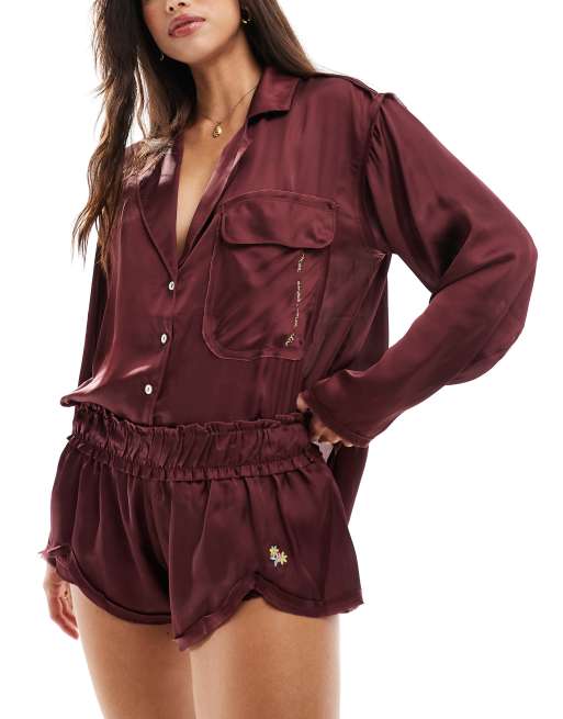 Free People satin pyjama shorts in burgundy (part of a set)