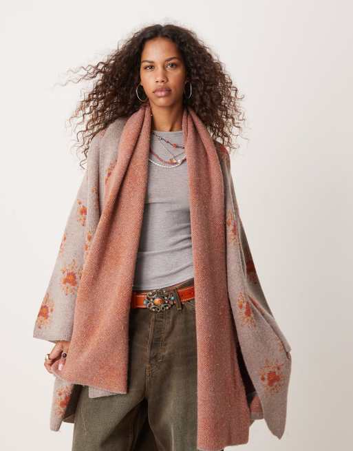 Free People scarf effect printed longline cardigan in grey