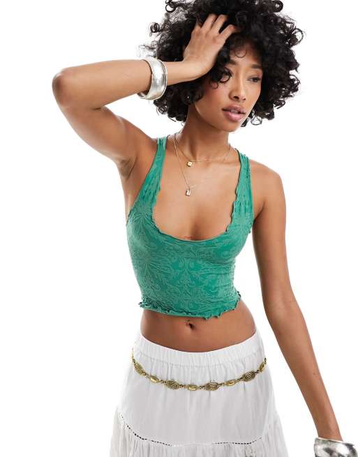 Free People scoop neck lettuce edge flocked cami top in green