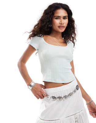 Free People End Game Pointelle Baby Tee In Pale Aqua In Blue