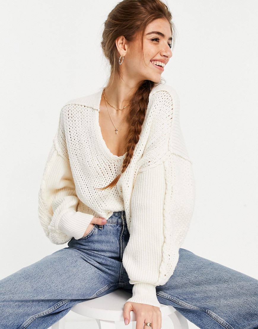 Free People sea bright pullover oversized cropped sweater in chunky knit-White
