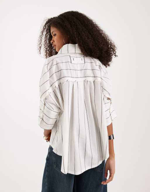 Free People seaside cotton stripe shirt in ivory combo, 4 of 4